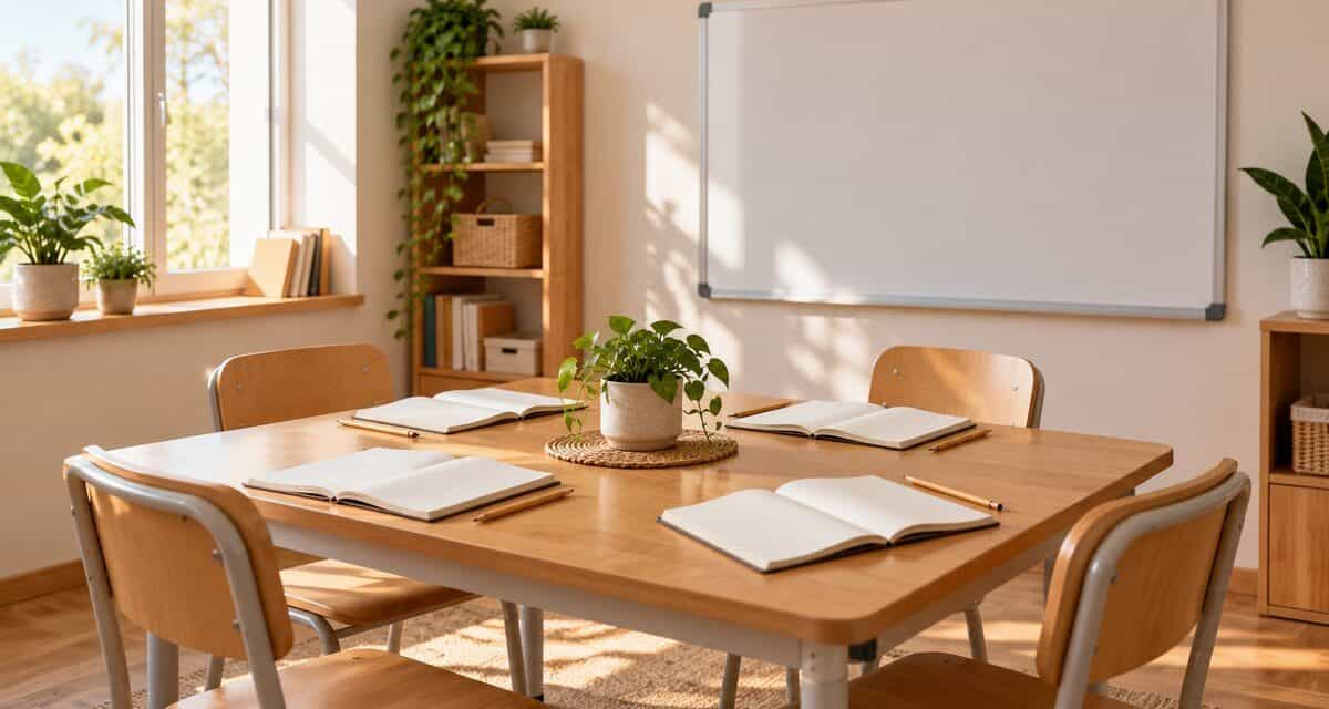 Small classroom table with four chairs, open notebooks and pencils in warm light