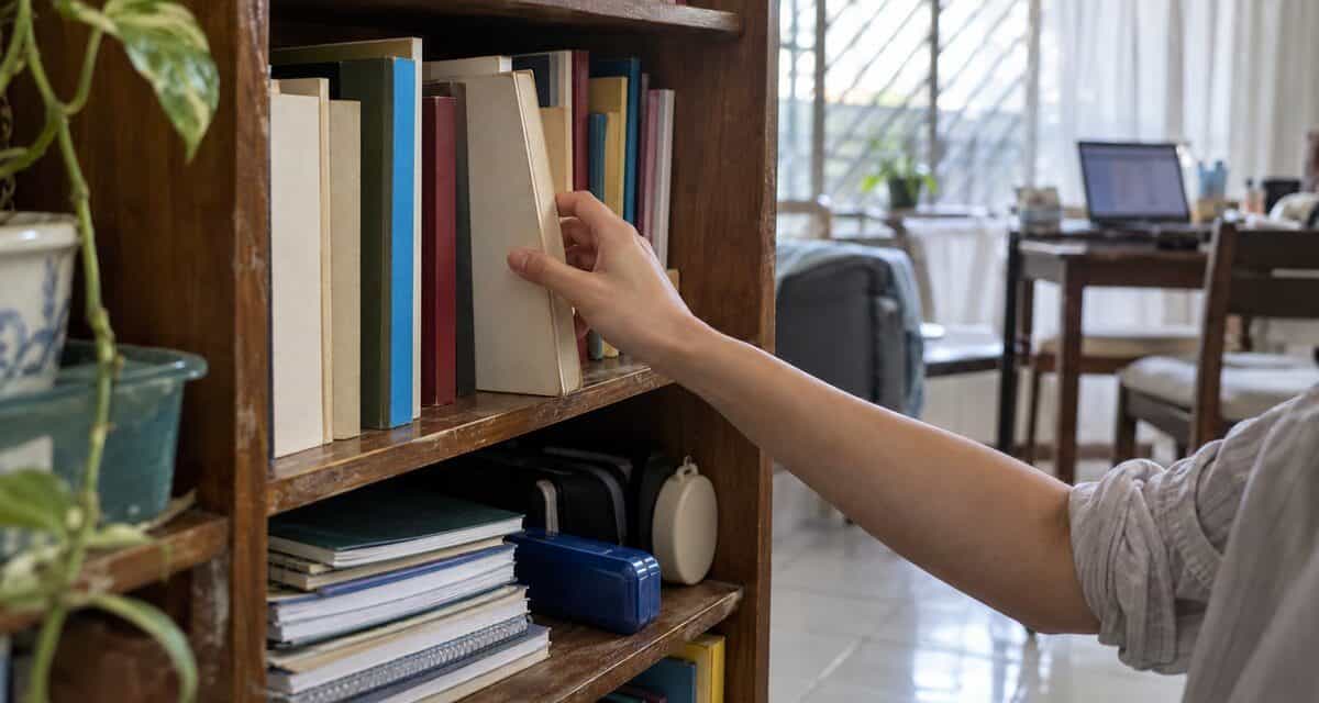 A hand pulls one thin paperback from a slightly uneven shelf beside exercise books and a pencil case in soft daylight.